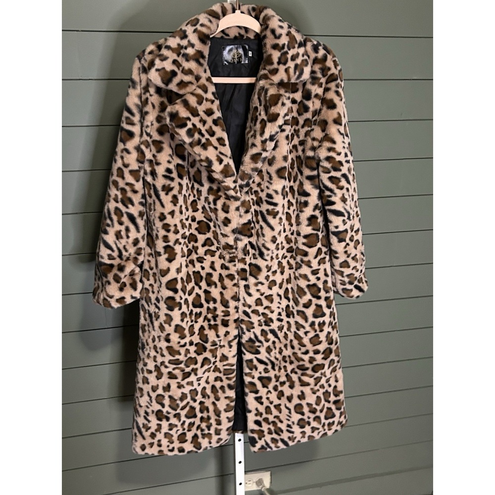 LEOPARD PRINT VERY SOFT FAUX FUR COAT knee-length RETRO STYLE M